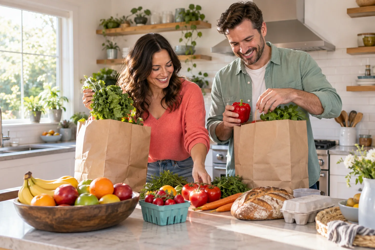 Adults unpacking fresh groceries together in a bright kitchen